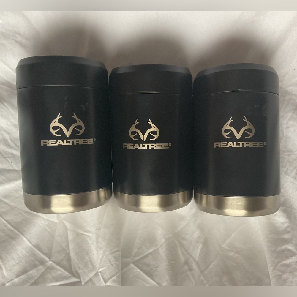 3 NEW Stainless Steel 12z Can Holder Coozie Insulated Black Realtree Antler Logo